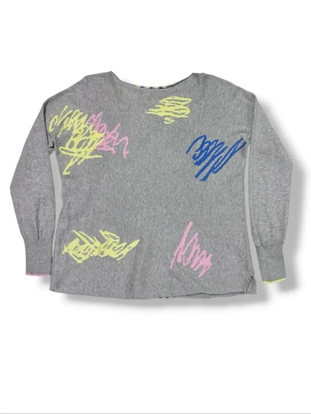 ZAKET & PLOVER Grey Cashmere Blend Abstract Scribble Boatneck Pullover Sweater